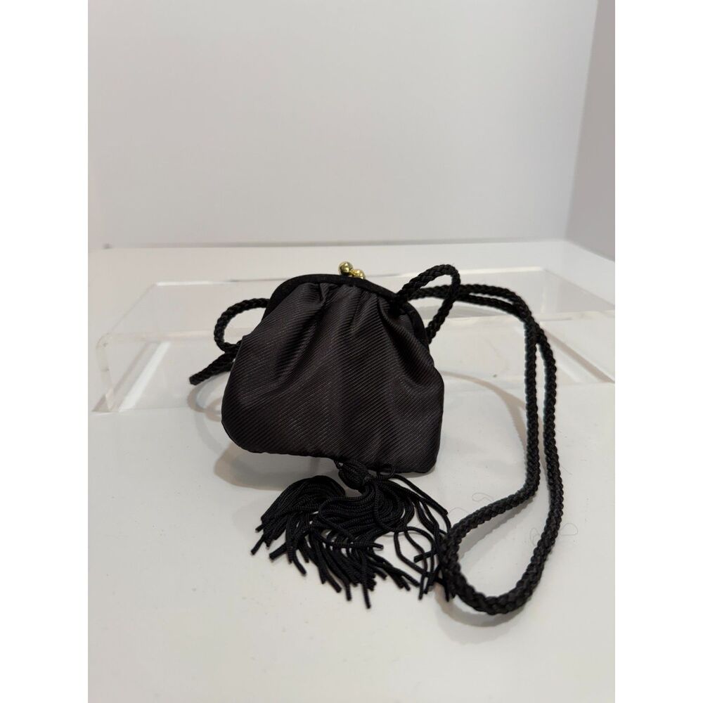 Small Black Satin Kiss Lock Braided Shoulder Strap Purse with Tassel